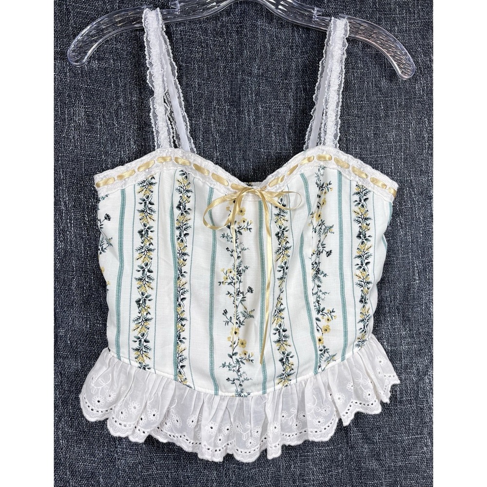 New THIRTY THIRTY LA Sz M Top White Lace Coquette Cami Ribbon Bow Smocked NWT
